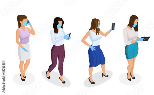 COVID-19 Pandemic Coronavirus Women wearing face mask protective for spreading of disease virus. Group women wearing medical masks to prevent disease. Women isometric in protective medical face masks