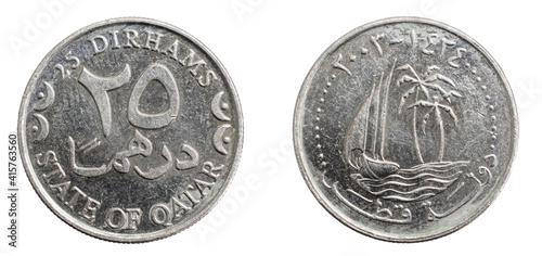 Qatar twenty five dirhams coin on a white isolated background