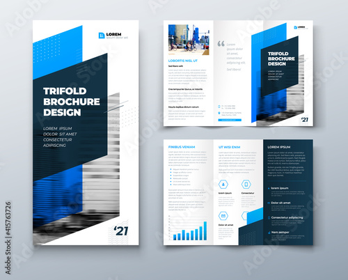 Tri fold blue brochure design with square shapes, corporate business template for tri fold flyer. Template is white with a place for photos. Creative concept folded flyer or brochure.