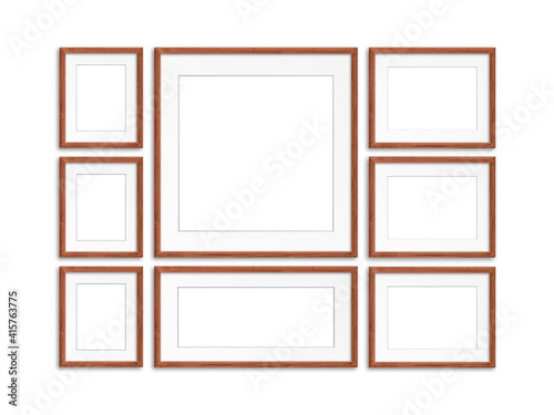 Photo frames collage, eight realistic frameworks isolated on white background, interior decor  mock up