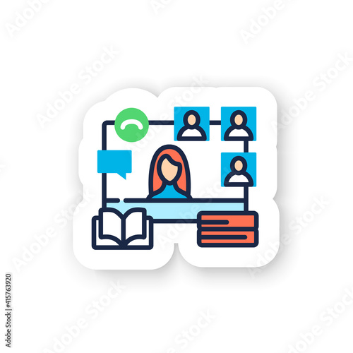 Online book club color sticker. Meeting together badge for designs. Internet streaming website. Social distanced bibliophiles party. Remote public event, community