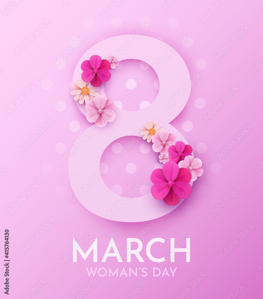 Happy Women's Day greeting card. 8 March modern background design with cute flowers.