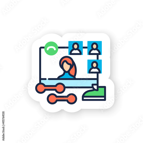 Online fitness classes color sticker. Sport Meeting together badge for designs. Internet streaming website. Social distanced gym. Public live stream physical training