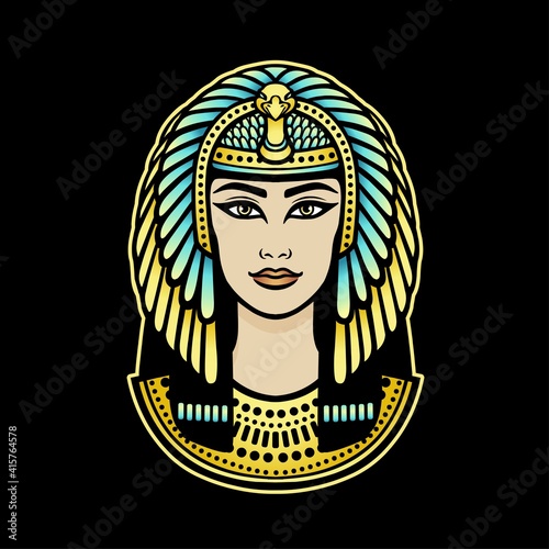 Animation color portrait of beautiful Egyptian woman. Vector illustration isolated on a dark background. Print, poster, t-shirt, tattoo.