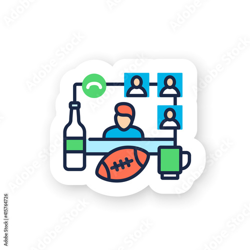 Online football party sticker. Meeting together badge for designs. Internet streaming. Live sport translation. Social distanced party. Remote public event