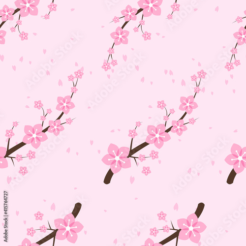 Seamless repeating pattern of peach flowers on a pink background