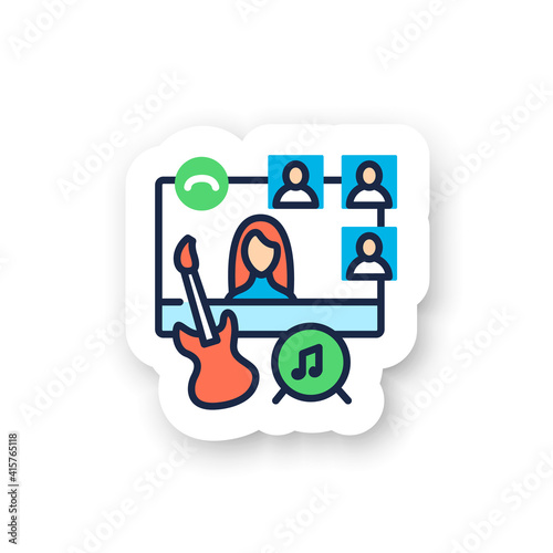 Online music concert color sticker. Meeting together badge for designs. Internet streaming website. Live stream. Social distanced party. Remote public event, jam session