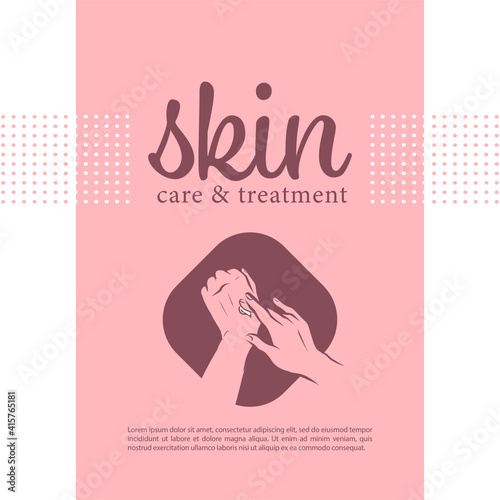 Packaging concept design with hand cream emblem. Human hands smear drop of moisturizer isolated on white background. Vector flat hand drawn illustration. For brand insignia, banner, advertisement,
