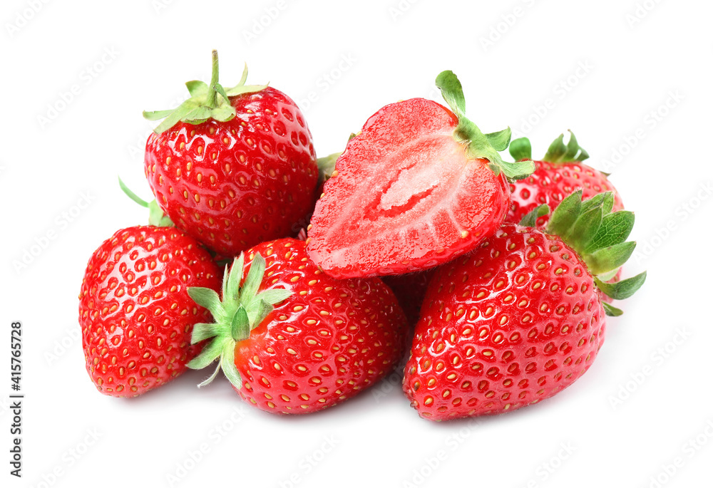 Pile of delicious cut and whole strawberries on white background