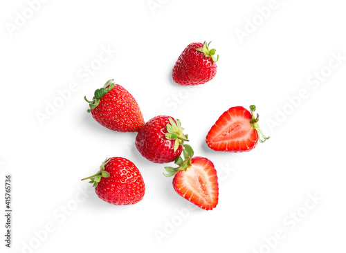 Delicious fresh red strawberries on white background, top view