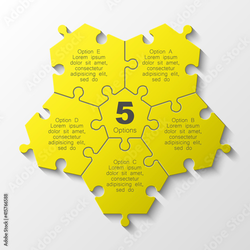 Puzzle five piece business presentation. Circle infograph. 5 Step round process diagram. Section compare banner.
