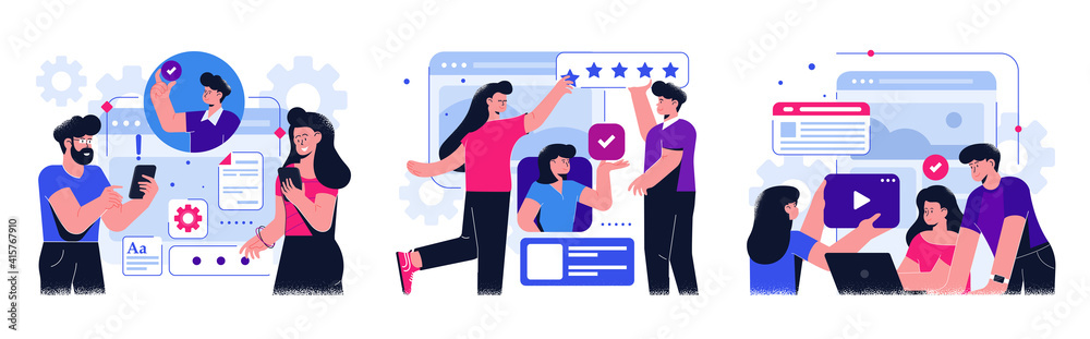 Business Concept illustrations. Collection of business situations with men and women taking part in business activities. Modern trendy concepts for web sites and mobile web sites. Vector illustration