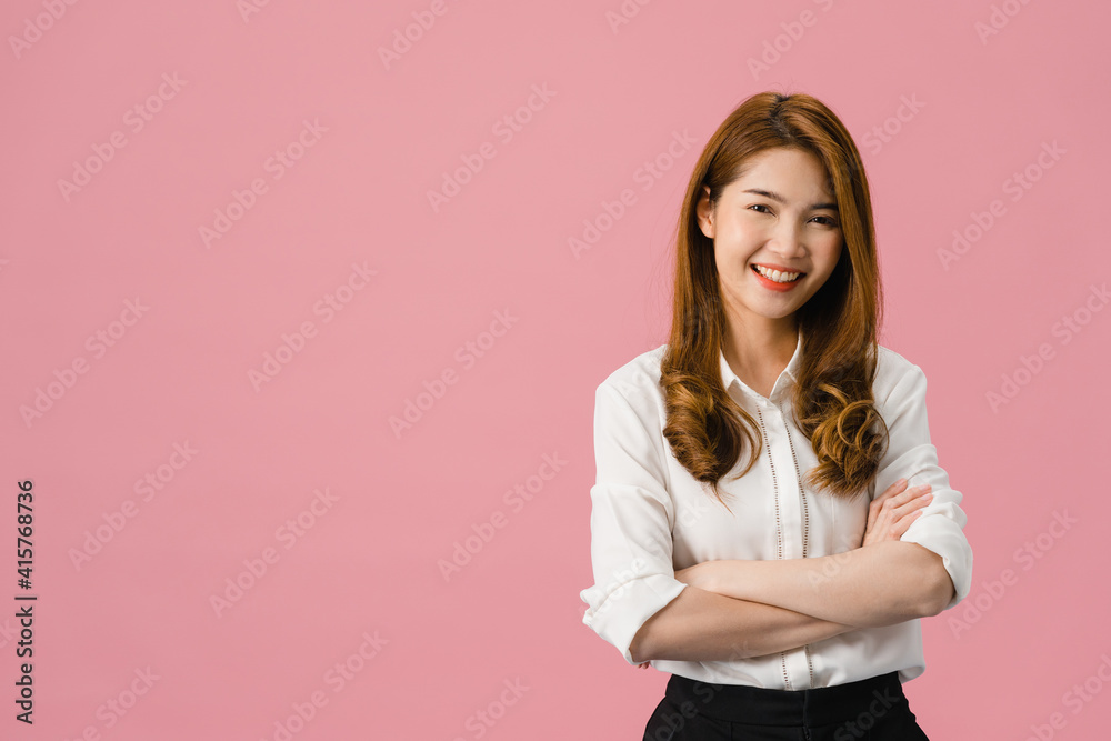 Portrait of young Asia lady with positive expression, arms crossed, smile broadly, dressed in casual clothing and looking at camera over pink background. Happy adorable glad woman rejoices success. Portrait of young Asia lady with positive expression, arms crossed, smile broadly, dressed in casual clothing and looking at camera over pink background. Happy adorable glad woman rejoices success.