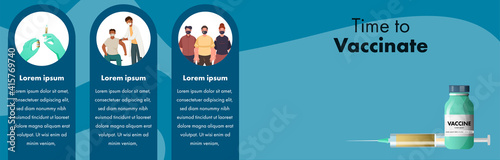 Time To Vaccinate Banner Or Header Design With Vaccine Bottle, Syringe On Blue Background For Avoid Coronavirus.