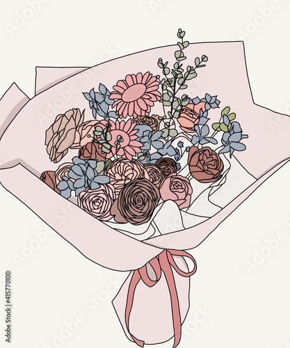 Digital art drawing of bouquet of flowers. Bouquet of hydrangea, daisy, peony and green leaves. Pink bow, blue background and dominant sticker bouquet.