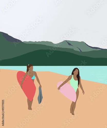 Two surfers on the beach of hawaii by the sea. Surf boards, bikini and one piece swimsuit. Sporty girls go surf. Digital art poster for travel souls.