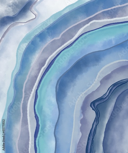 Abstract watercolor art of agate in blue color palette. Boho mineral drawing. Esoteric painting of expensive rock. Crystals.