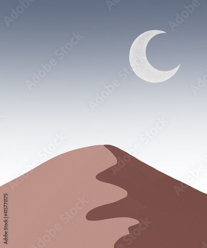 Night over the hot desert. Sand dunes in midnight. Luna on the sky. Midnight moonlight from moon. Boho aesthetic and minimalist poster or wallpaper. Depends on you.