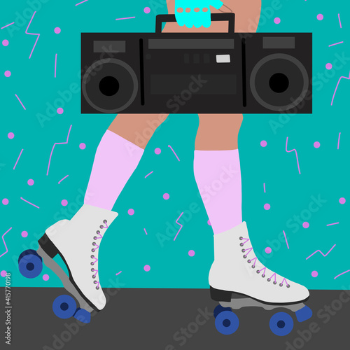 80s digital art poster. Girl in roller skates with cool gloves and retro stereo. Back to the 80s. Retro poster. Fancy disco colors