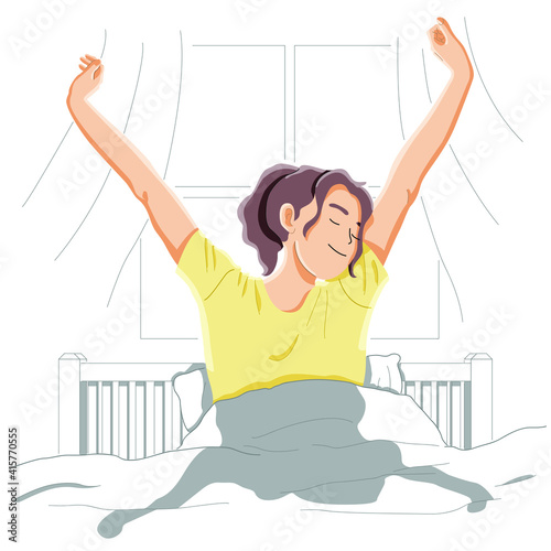 young woman waking up fresh in morning