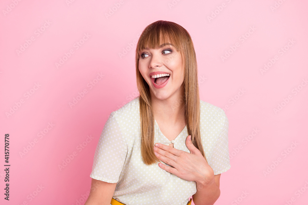 Portrait of attractive impressed cheerful pleased girl good news reaction isolated over pink pastel color background Portrait of attractive impressed cheerful pleased girl good news reaction isolated over pink pastel color background