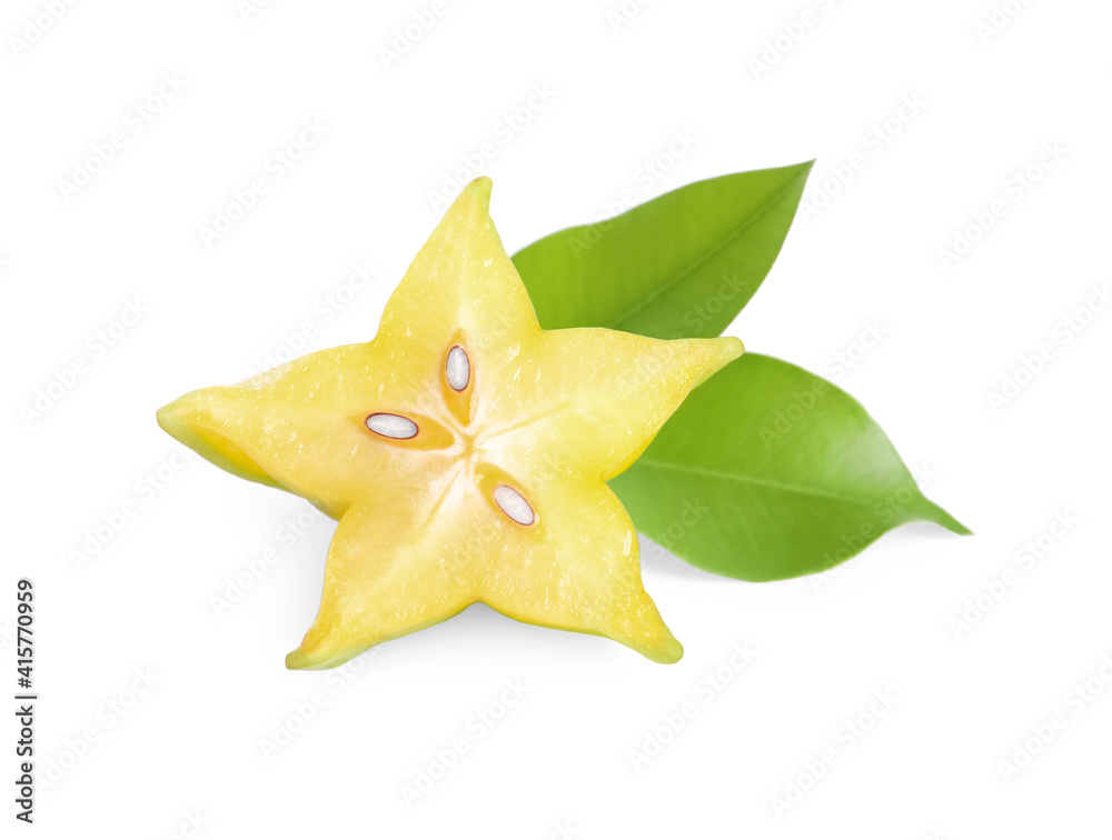 Slice of ripe carambola with green leaves on white background Slice of ripe carambola with green leaves on white background