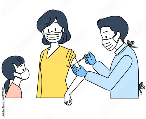 予防接種を受ける母親と子供（マスク）