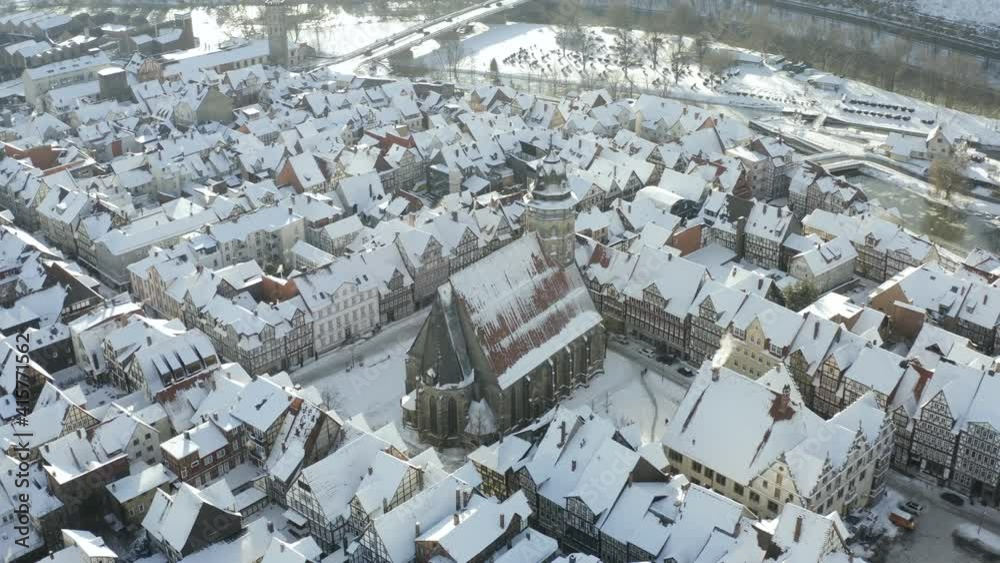 Drone Aerial of scenic and relaxing winter landscapes in Germany. Featuring the small german village Hann Münden near the Harz National Park in Lower Saxony. Landmarks of Europe. Drone Aerial of scenic and relaxing winter landscapes in Germany. Featuring the small german village Hann Münden near the Harz National Park in Lower Saxony. Landmarks of Europe.