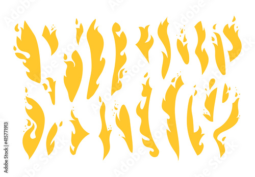 A large set of yellow flames. Collection of various forms of fire. Hand-drawn silhouettes of a blazing campfire. Vector illustration isolated on white background.