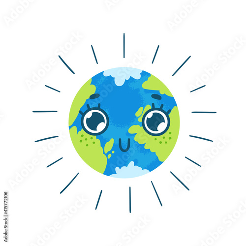 A cute planet earth with big round eyes and freckles. Shining health colorful earth globe character. Hand-drawn vector illustration isolated on white background.