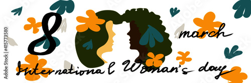 Greeting banner for International Women's Day, background with women of different races, decorated with imitation of the first spring flowers in the style of flat. Vector