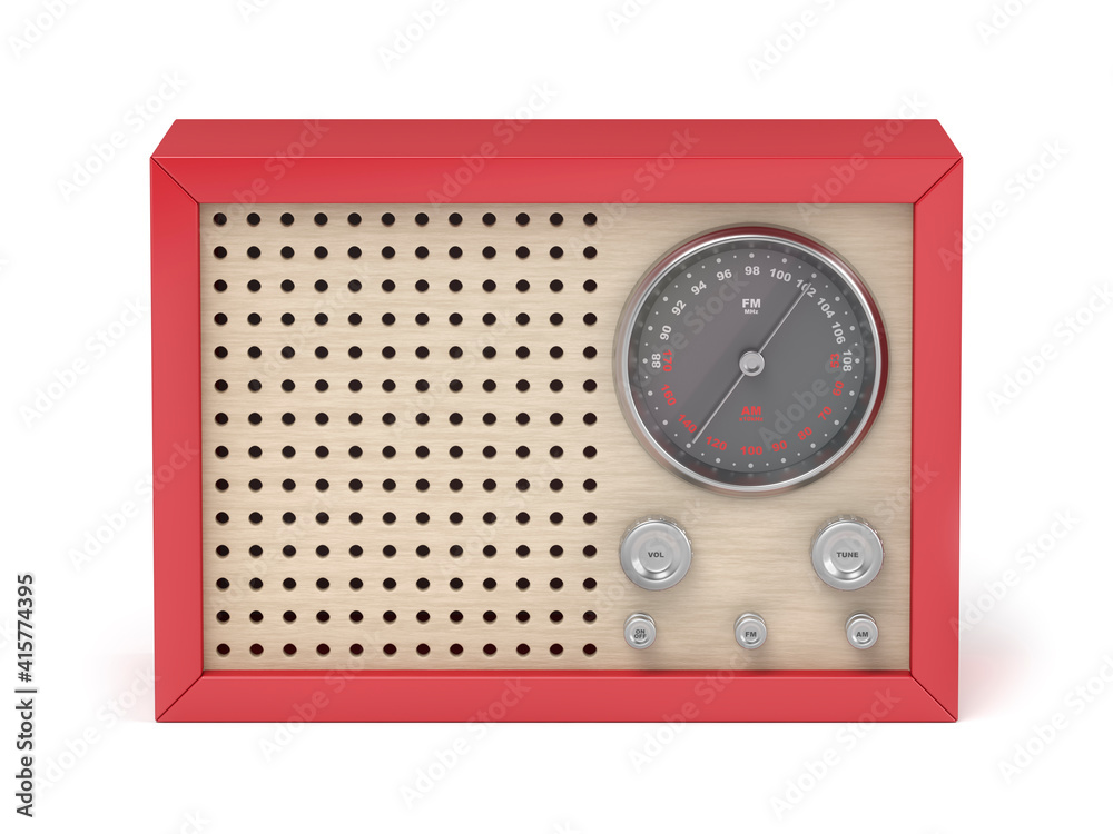 Front view of red retro radio on white background Front view of red retro radio on white background