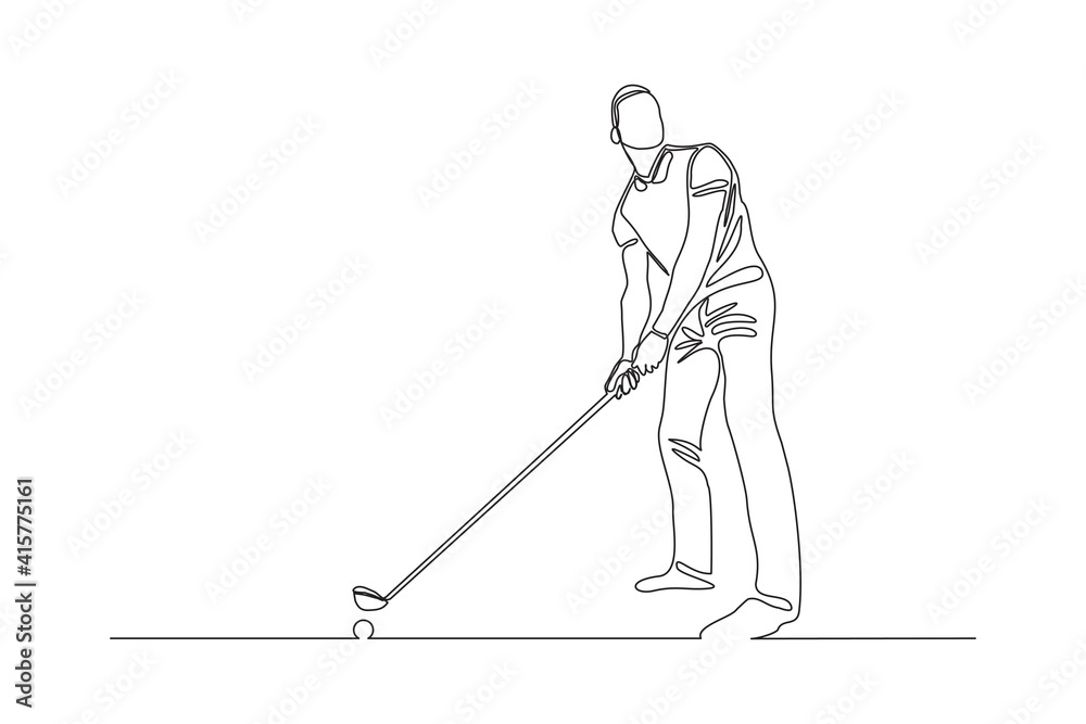 Continuous line drawing of young man playing golf. Single one line art concept of professional golfer holding stick to hit ball. Vector illustration Continuous line drawing of young man playing golf. Single one line art concept of professional golfer holding stick to hit ball. Vector illustration