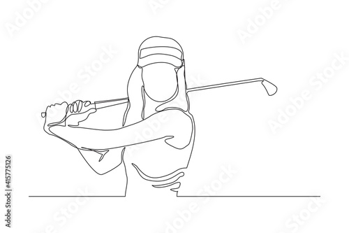 Continuous line drawing of young woman playing golf. Single one line art concept of professional golfer holding stick to hit ball. Vector illustration