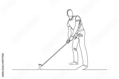 Continuous line drawing of young man playing golf. Single one line art concept of professional golfer holding stick to hit ball. Vector illustration