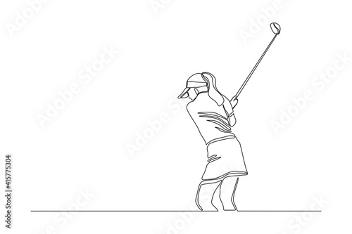 Continuous line drawing of young woman playing golf. Single one line art concept of professional golfer holding stick to hit ball. Vector illustration