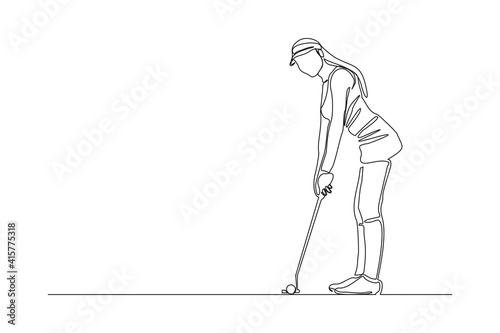 Continuous line drawing of young woman playing golf. Single one line art concept of professional golfer holding stick to hit ball. Vector illustration