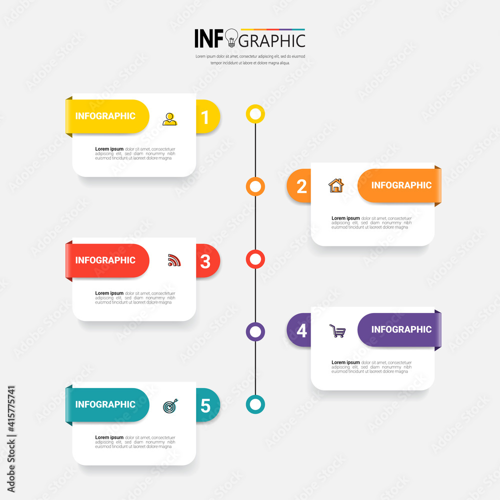 5 Steps Timeline Infographics design template.
5 Steps Timeline Infographics design template.