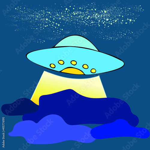 Cartoon UFO in the night sky among the clouds, flying saucer with spotlights, aliens, inhabitants of other planets, galactic civilizations. Vector illustration on a blue background for July 2 UFO Day.