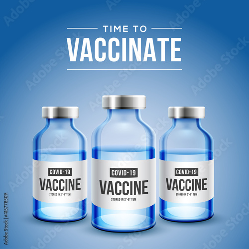 Coronavirus vaccine vector background. Covid-19 corona virus vaccination with realistic 3d vaccine bottle and syringe injection tool for covid19 immunization treatment. Vector illustration.