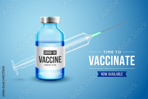 Coronavirus vaccine vector background. Covid-19 corona virus vaccination with realistic 3d vaccine bottle and syringe injection tool for covid19 immunization treatment. Vector illustration.