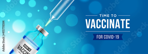 Coronavirus vaccine vector background. Covid-19 corona virus vaccination with realistic 3d vaccine bottle and syringe injection tool for covid19 immunization treatment. Vector illustration.