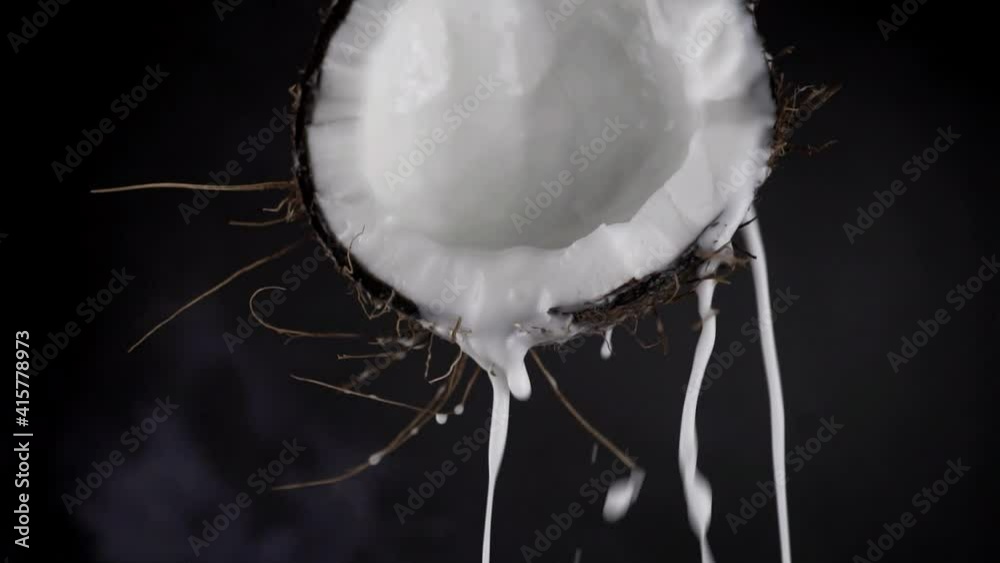 Freshly opened coconut with stream of coconut milk. Healthy diet and food concept.