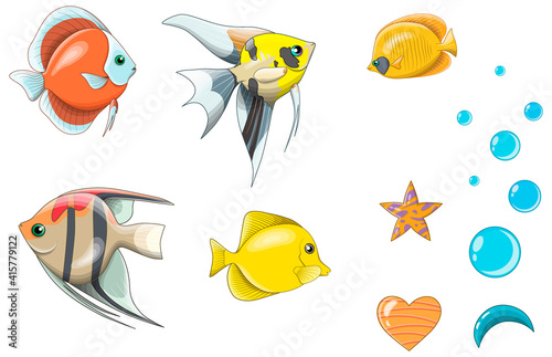 Clipart from vector fish and elements. Yellow tropical fish and bubbles