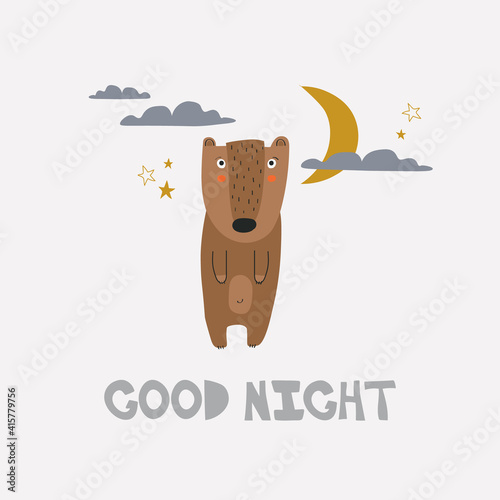 Background with bear, moon, stars and text. Good night