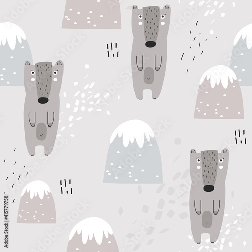 Seamless pattern with bears, mountains