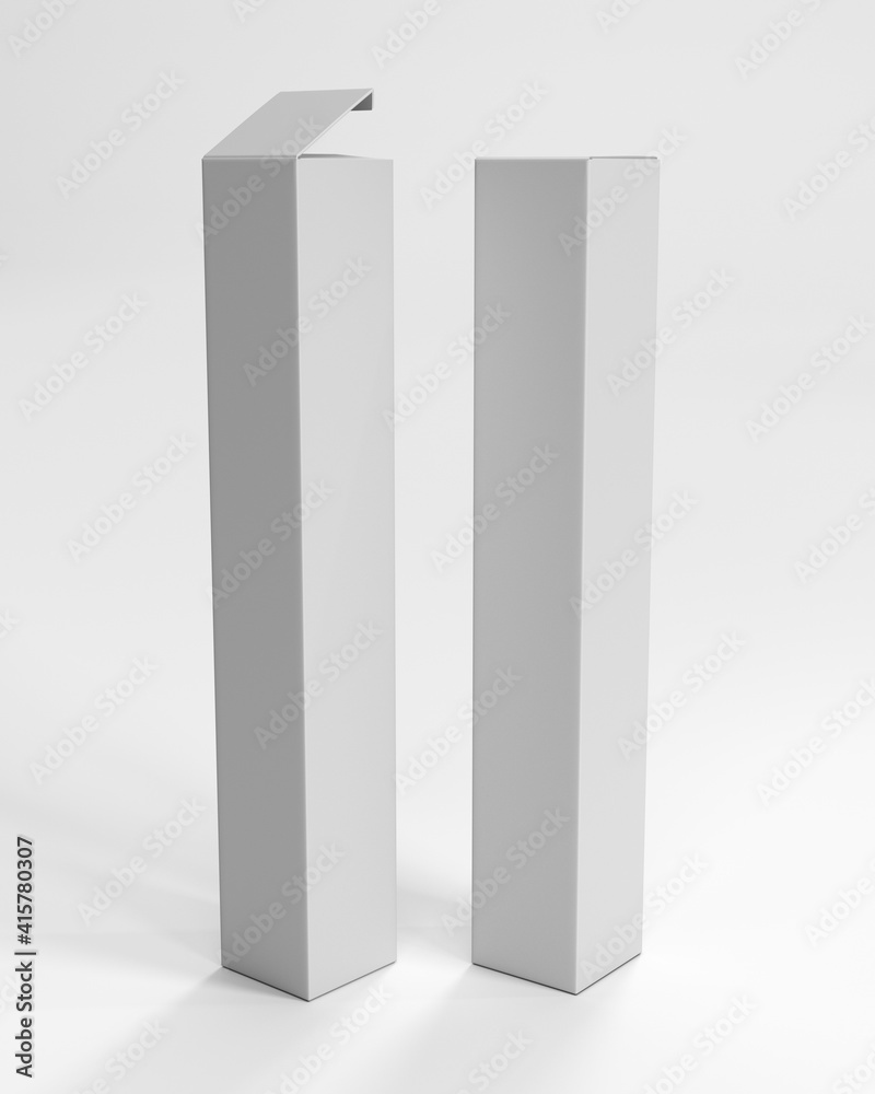 Blank Tall Box Package Template. Isolated White Box Wrapping 3D Mock-up. Open And Closed