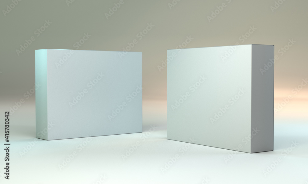 Blank Horizontal Box Package Template. Isolated White Box Wrapping 3D Mock-up