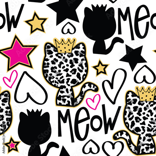 Cute childish seamless pattern with cats. Princess cat pattern. Can be used for textile, background, book cover, packaging.