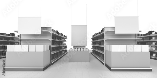 Blank White Banners And Box With Products, Set of Shelves in Supermarket Interior, View From Perspective, 3D rendering